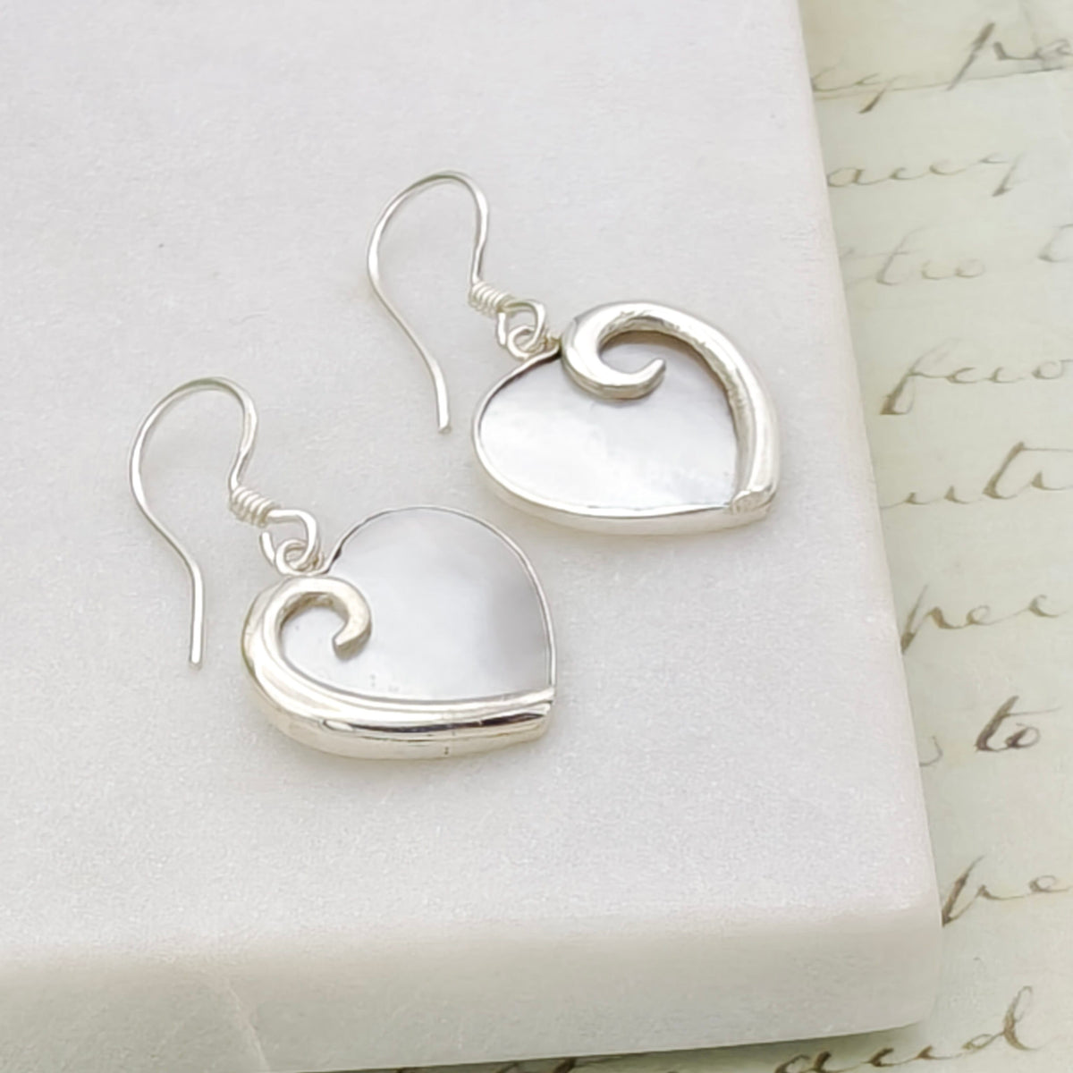 Mother of Pearl Hanging Heart Earrings in Sterling Silver | June Gift