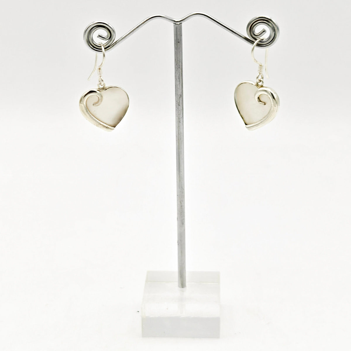 Mother of Pearl Hanging Heart Earrings in Sterling Silver | June Gift