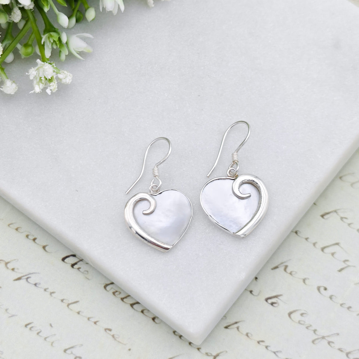 Mother of Pearl Hanging Heart Earrings in Sterling Silver | June Gift