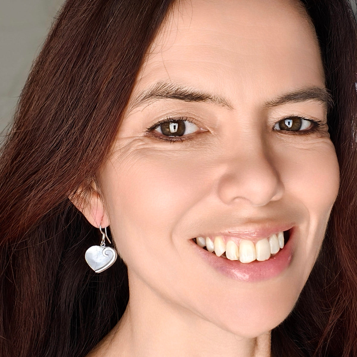 Mother of Pearl Hanging Heart Earrings in Sterling Silver | June Gift