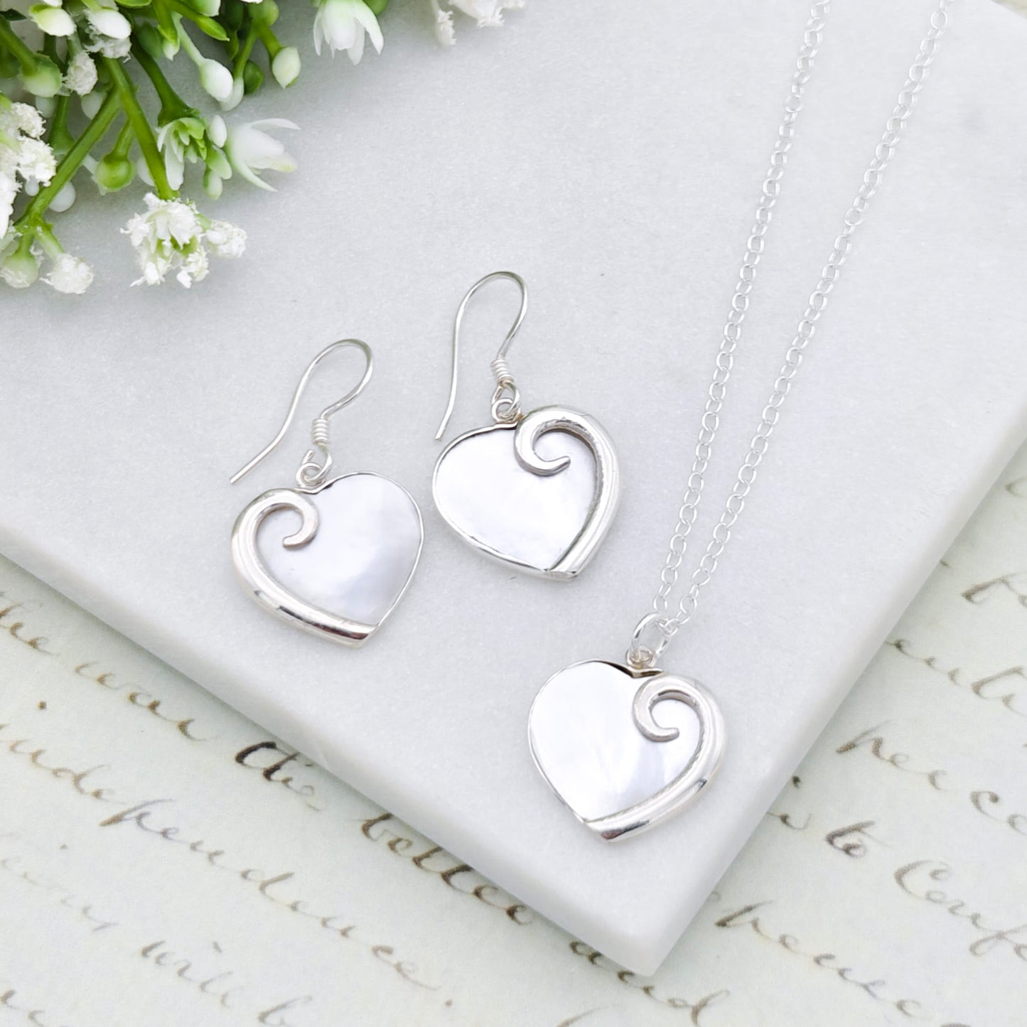 Mother of Pearl Hanging Heart Pendant in sterling silver | June Birthday Gift