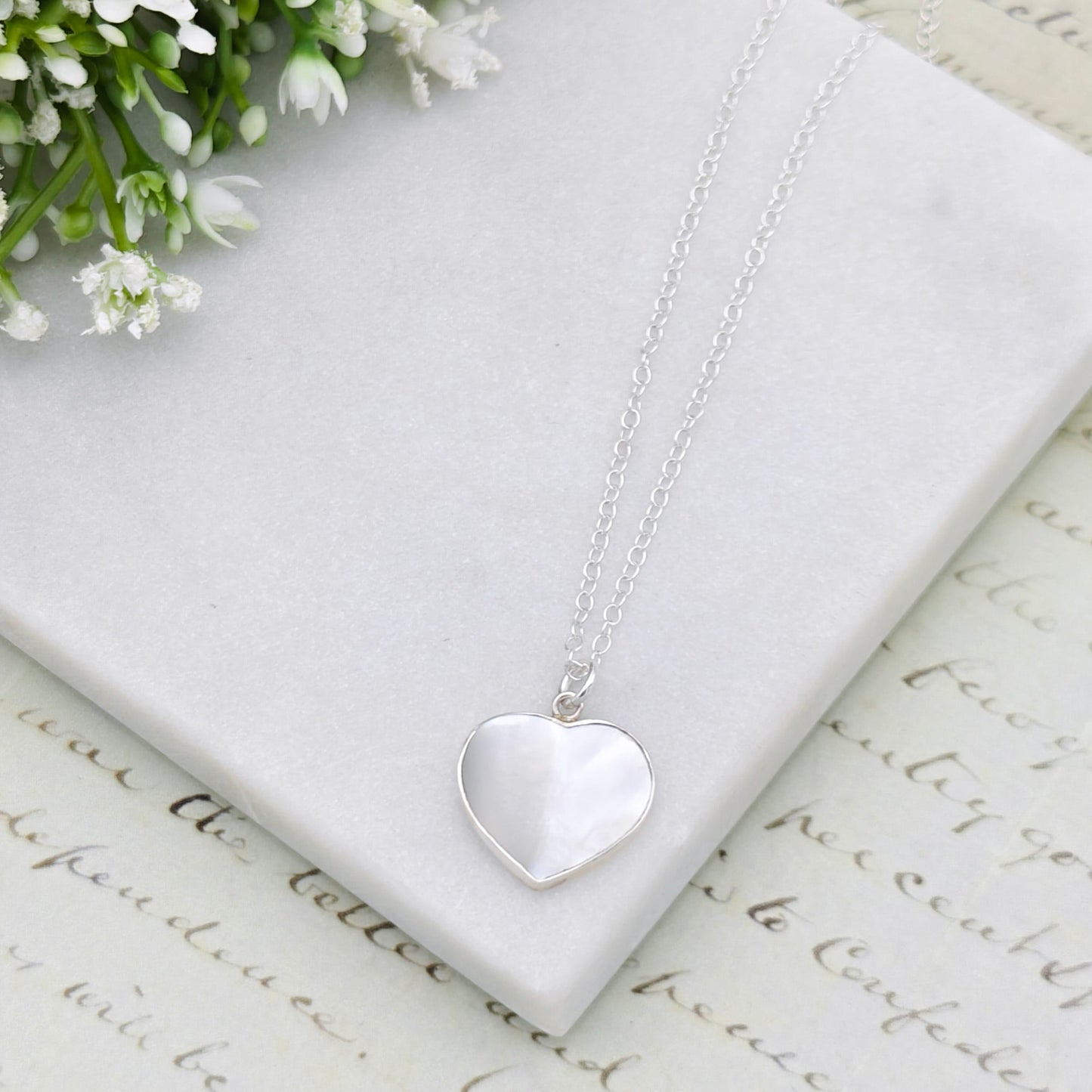 Mother of Pearl Hanging Heart Pendant in sterling silver | June Birthday Gift