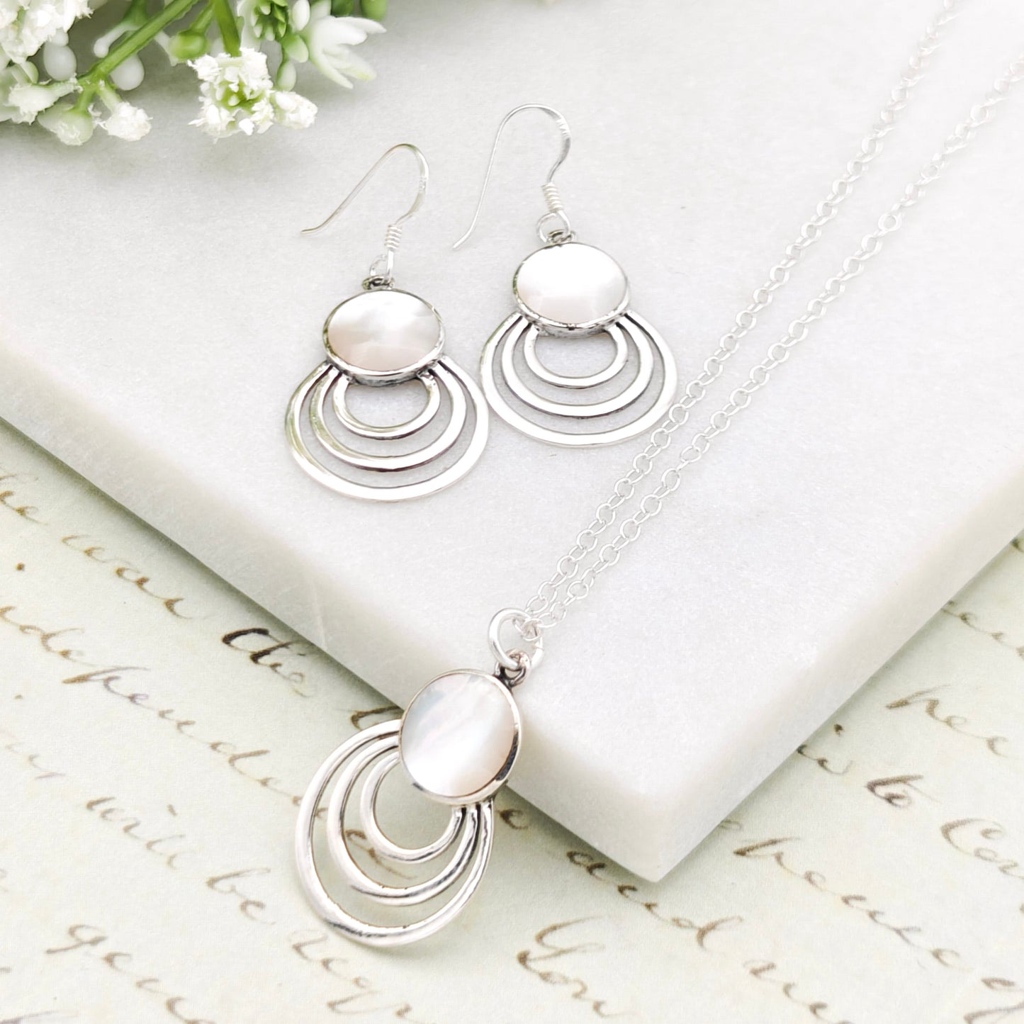Mother of Pearl Three Circle Sterling Silver Earrings | June Gift