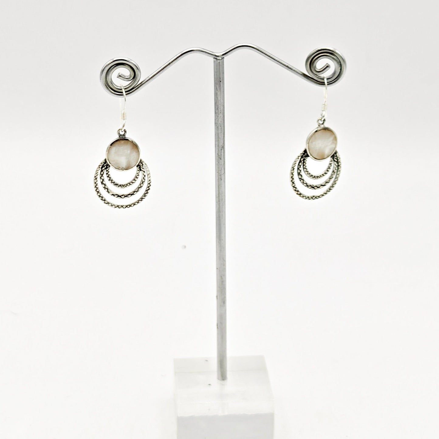 Mother of Pearl Three Circle Sterling Silver Earrings | June Gift