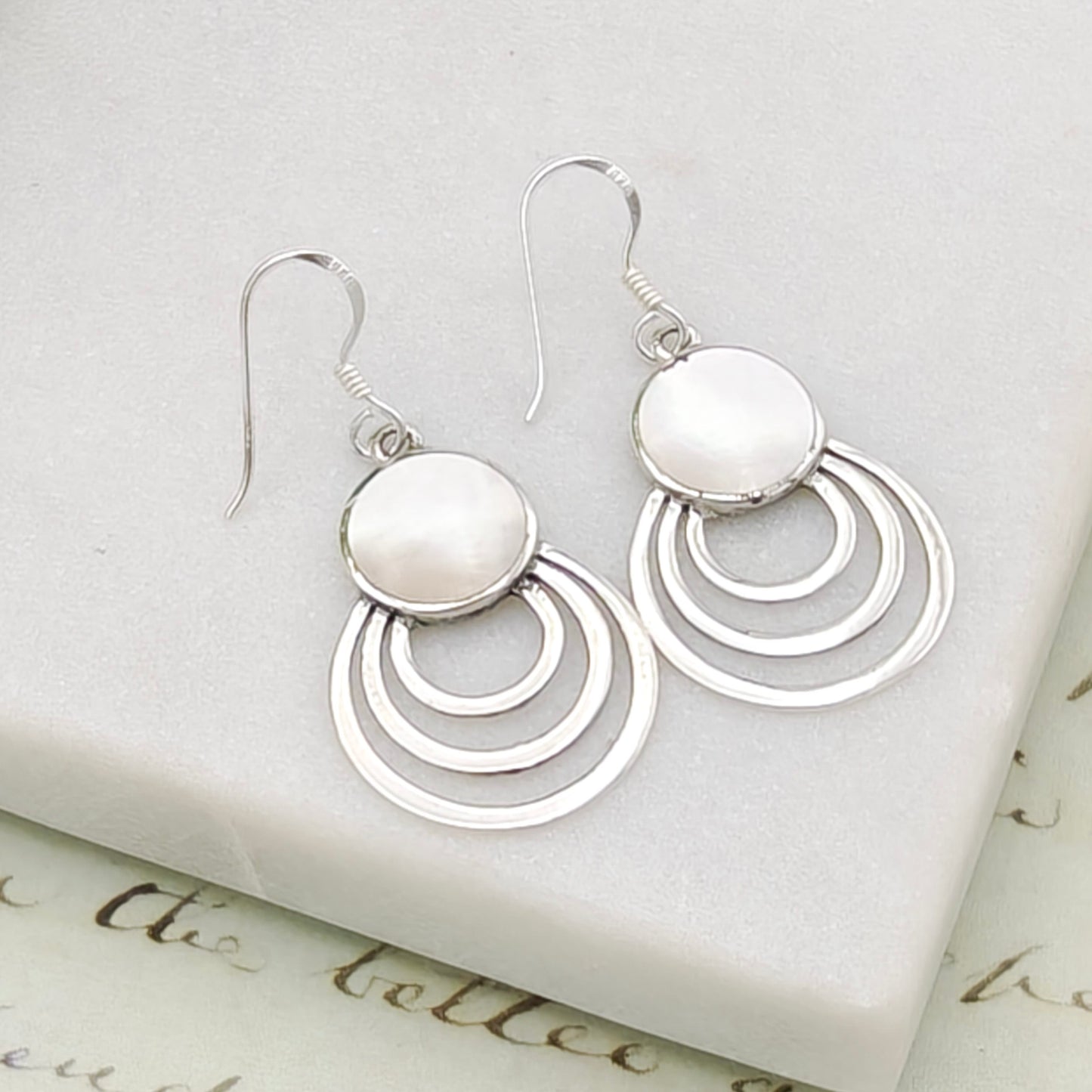 Mother of Pearl Three Circle Sterling Silver Earrings | June Gift
