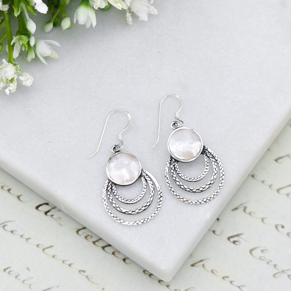 Mother of Pearl Three Circle Sterling Silver Earrings | June Gift