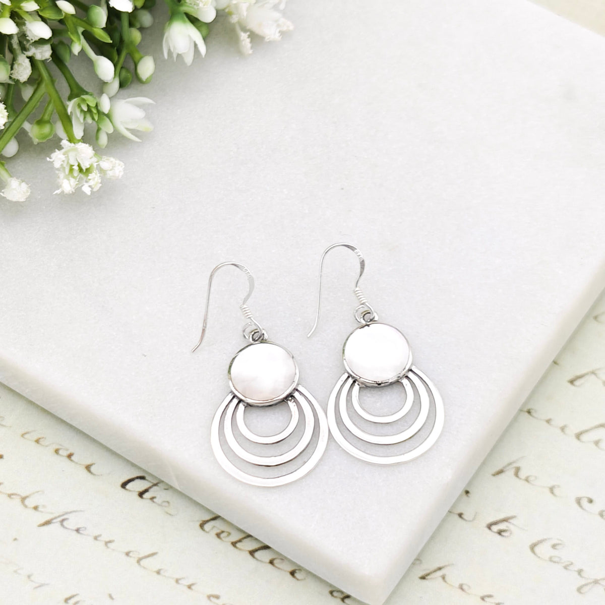 Mother of Pearl Three Circle Sterling Silver Earrings | June Gift