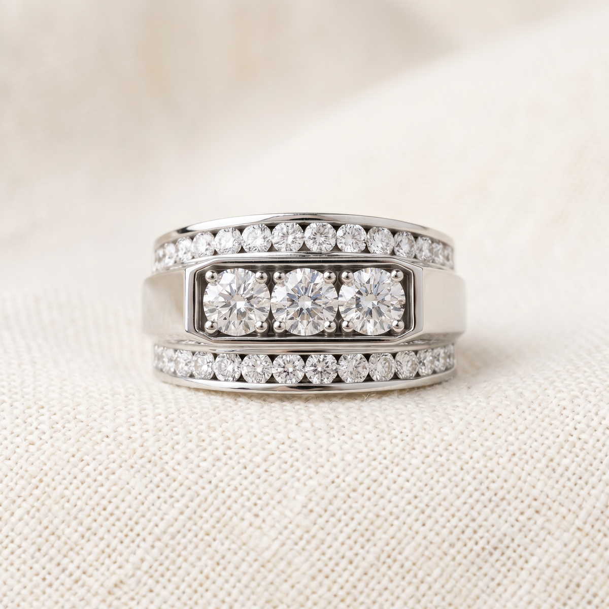 Men's 2Ct Diamond Three Stone With Accents Wedding Ring 14k Gold Lab Grown