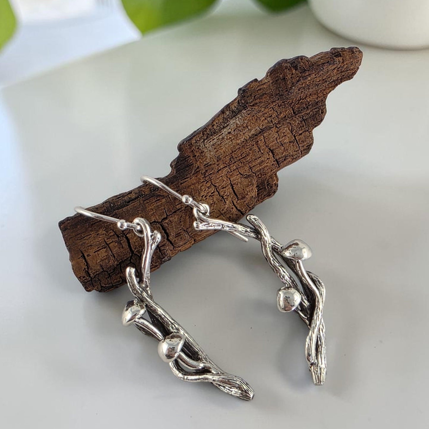 Sterling Silver Mushroom Handmade Twig and Branch Style Earrings