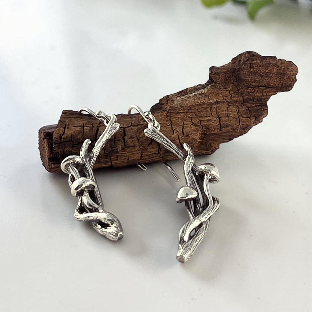 Sterling Silver Mushroom Handmade Twig and Branch Style Earrings