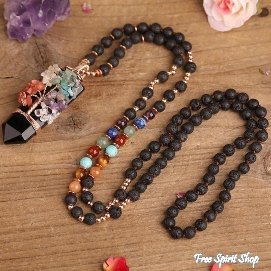 Natural 7 Chakra Tree of Life & Lava Stone Bead Necklace