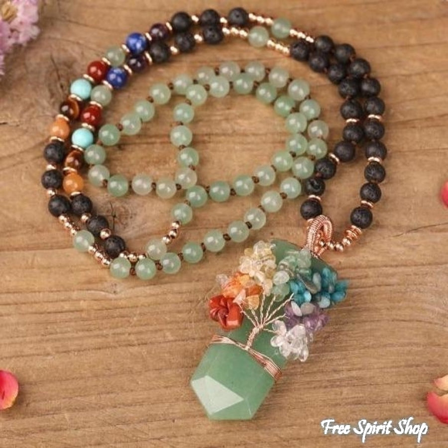 Natural 7 Chakra Tree of Life & Lava Stone Bead Necklace