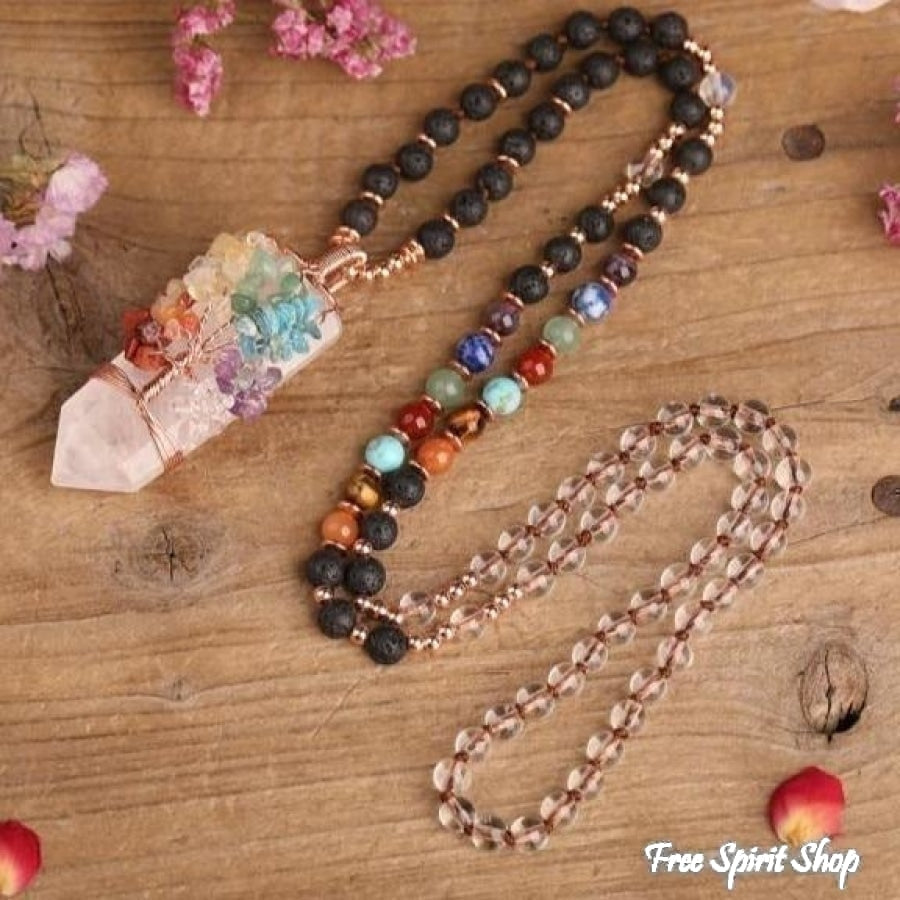 Natural 7 Chakra Tree of Life & Lava Stone Bead Necklace