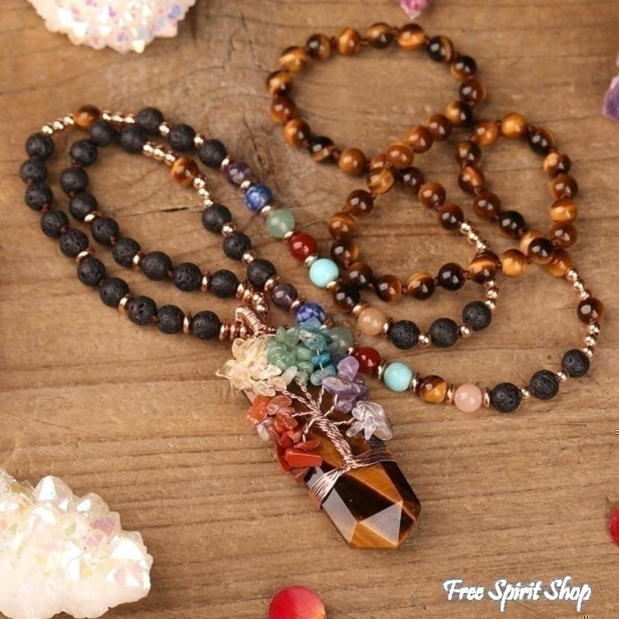 Natural 7 Chakra Tree of Life & Lava Stone Bead Necklace