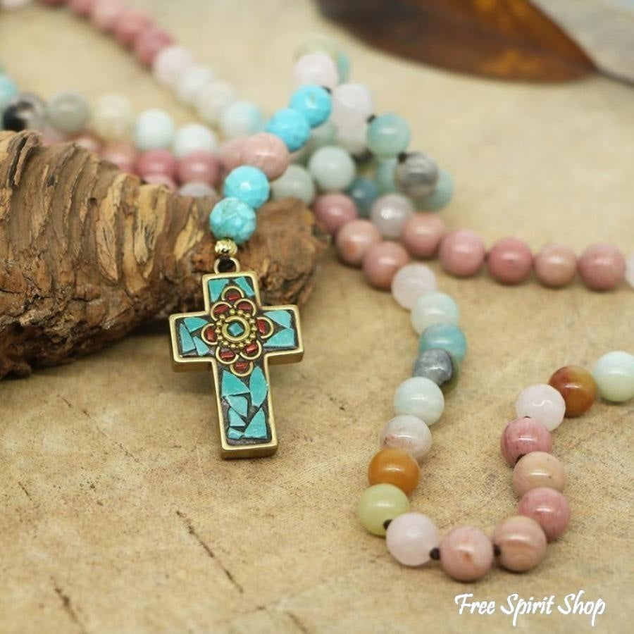 Natural Amazonite Rose Quartz & Rhodonite Necklace With Cross Pendant