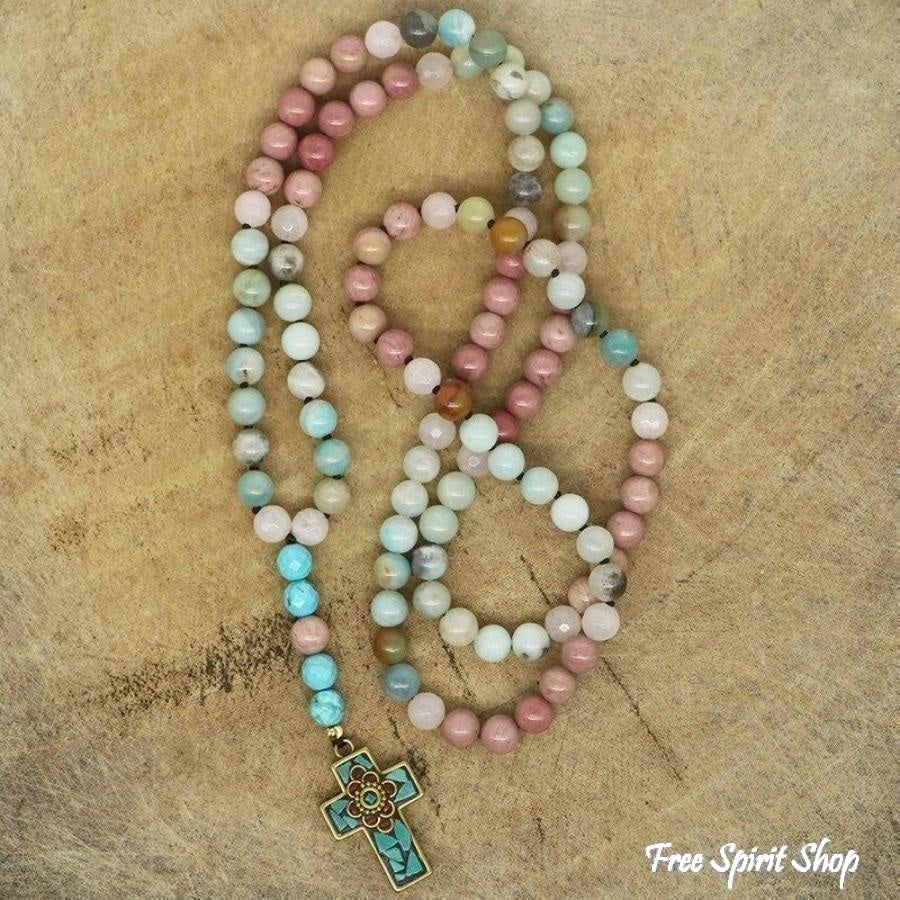 Natural Amazonite Rose Quartz & Rhodonite Necklace With Cross Pendant