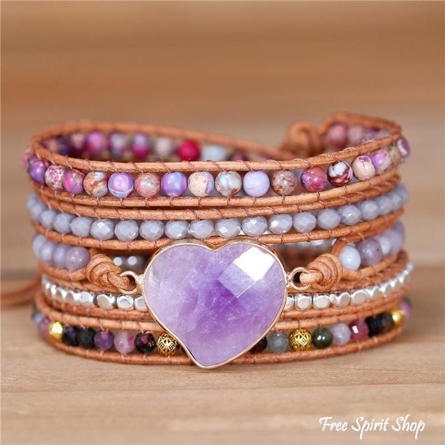 Natural Amethyst Heart Purple Jasper & Tourmaline Beaded Wrap Bracelet
