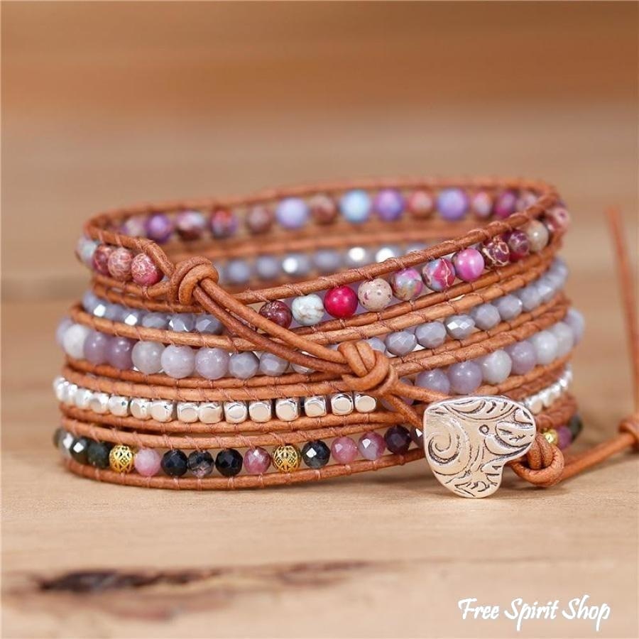 Natural Amethyst Heart Purple Jasper & Tourmaline Beaded Wrap Bracelet