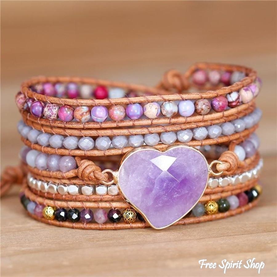 Natural Amethyst Heart Purple Jasper & Tourmaline Beaded Wrap Bracelet