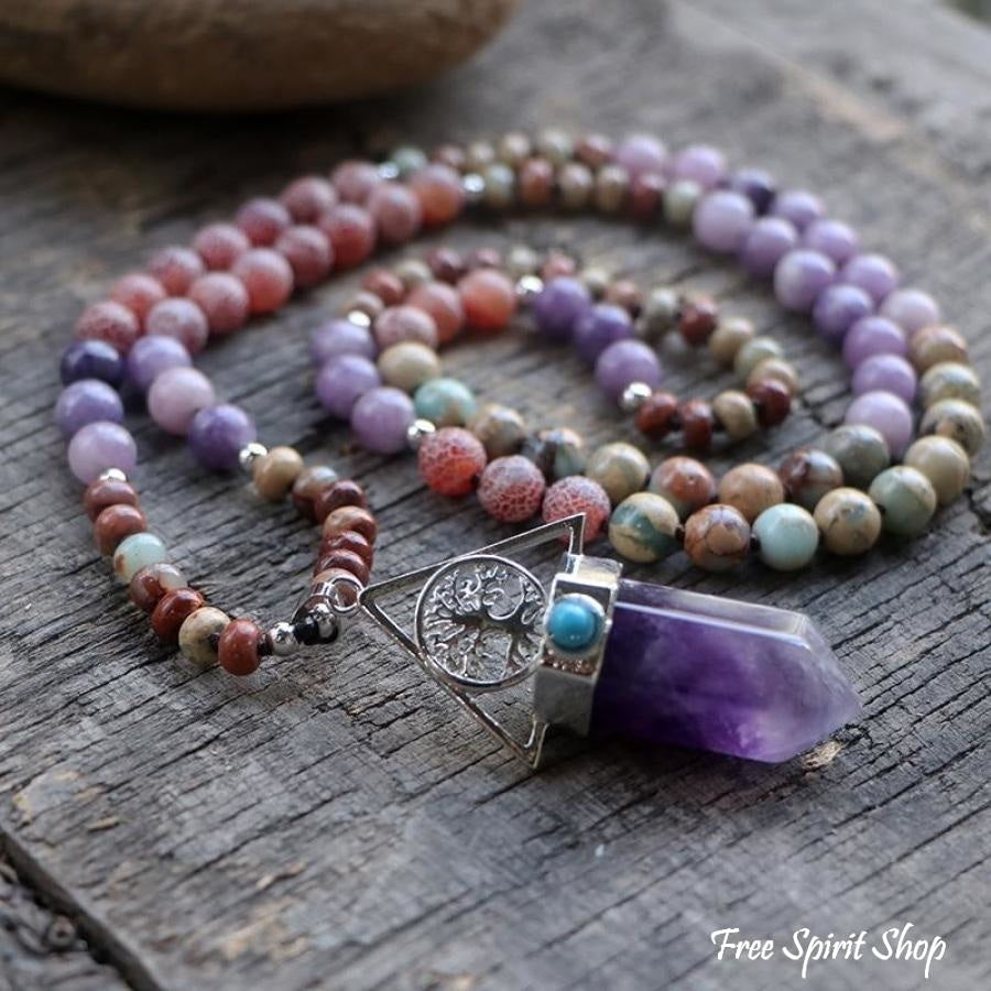Natural Amethyst & Jasper Tree Of Life Bead Necklace