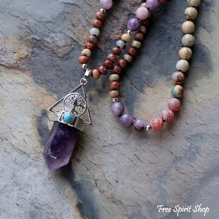 Natural Amethyst & Jasper Tree Of Life Bead Necklace