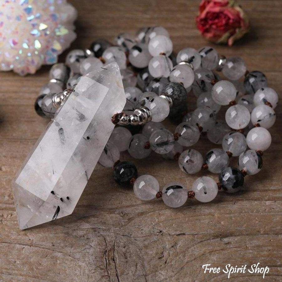 Natural Black Rutilated Quartz Double Point Crystal Necklace