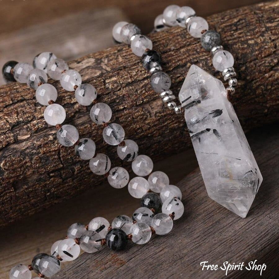 Natural Black Rutilated Quartz Double Point Crystal Necklace