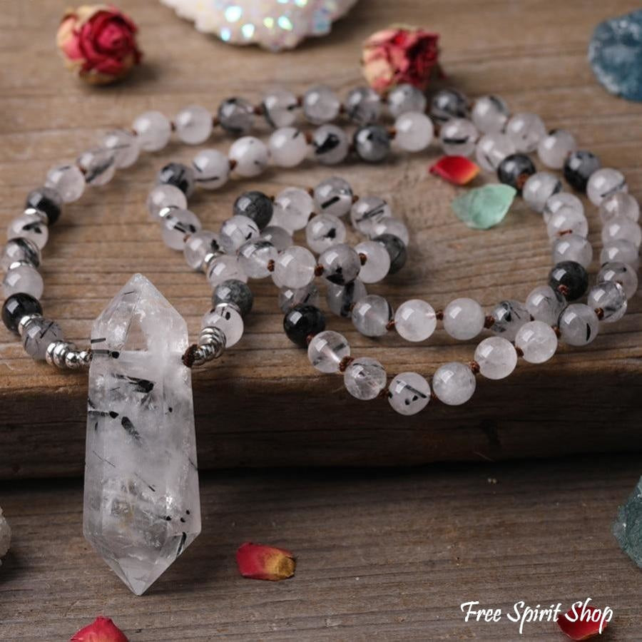 Natural Black Rutilated Quartz Double Point Crystal Necklace
