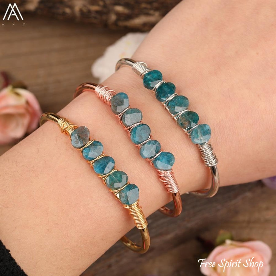 Natural Blue Apatite Gemstone Cuff Bracelet