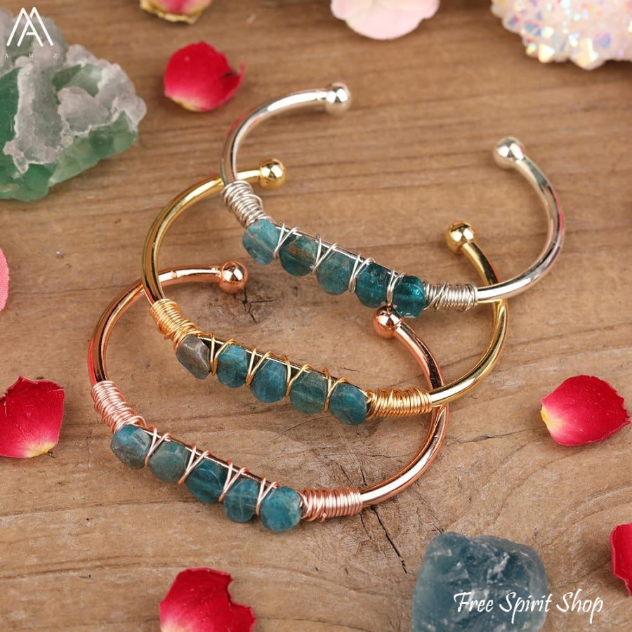 Natural Blue Apatite Gemstone Cuff Bracelet