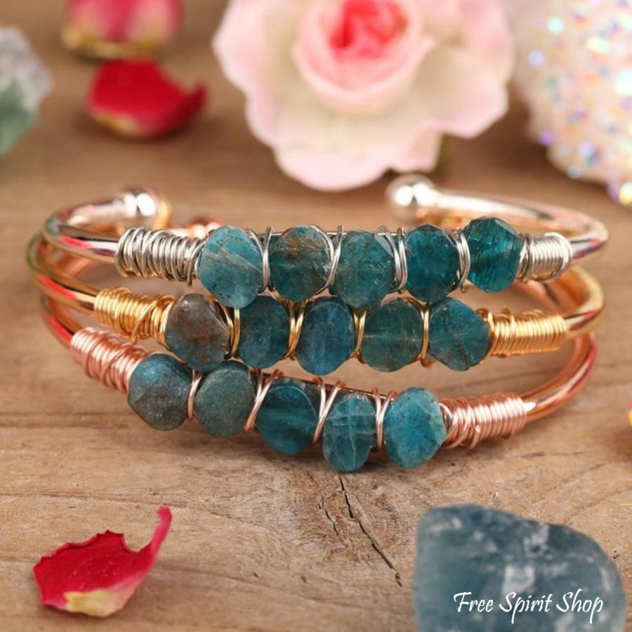 Natural Blue Apatite Gemstone Cuff Bracelet