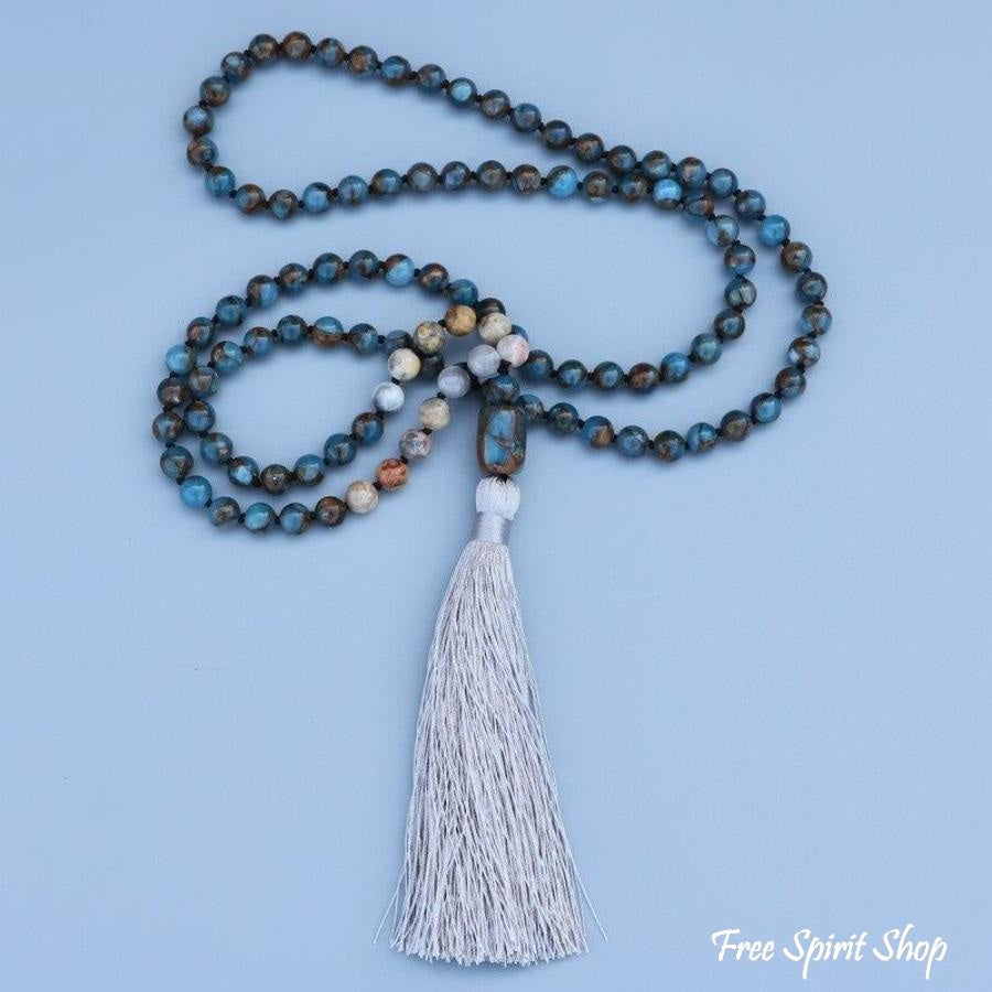 Natural Blue Crazy Onyx Stone Mala Bead Necklace
