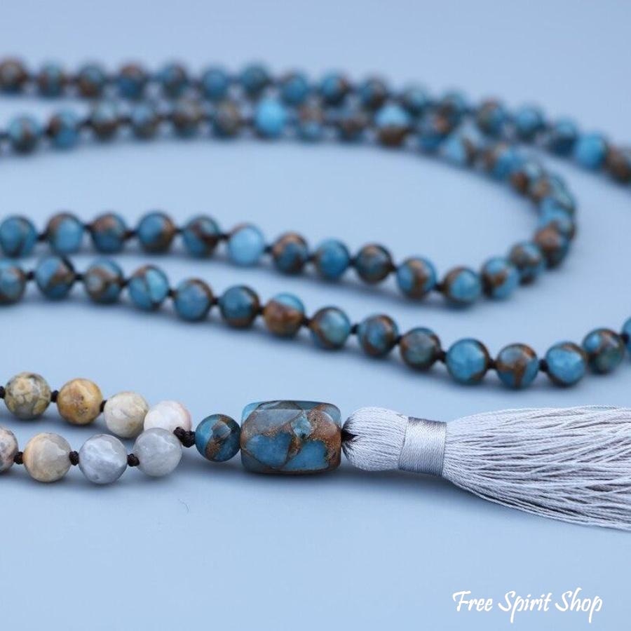 Natural Blue Crazy Onyx Stone Mala Bead Necklace