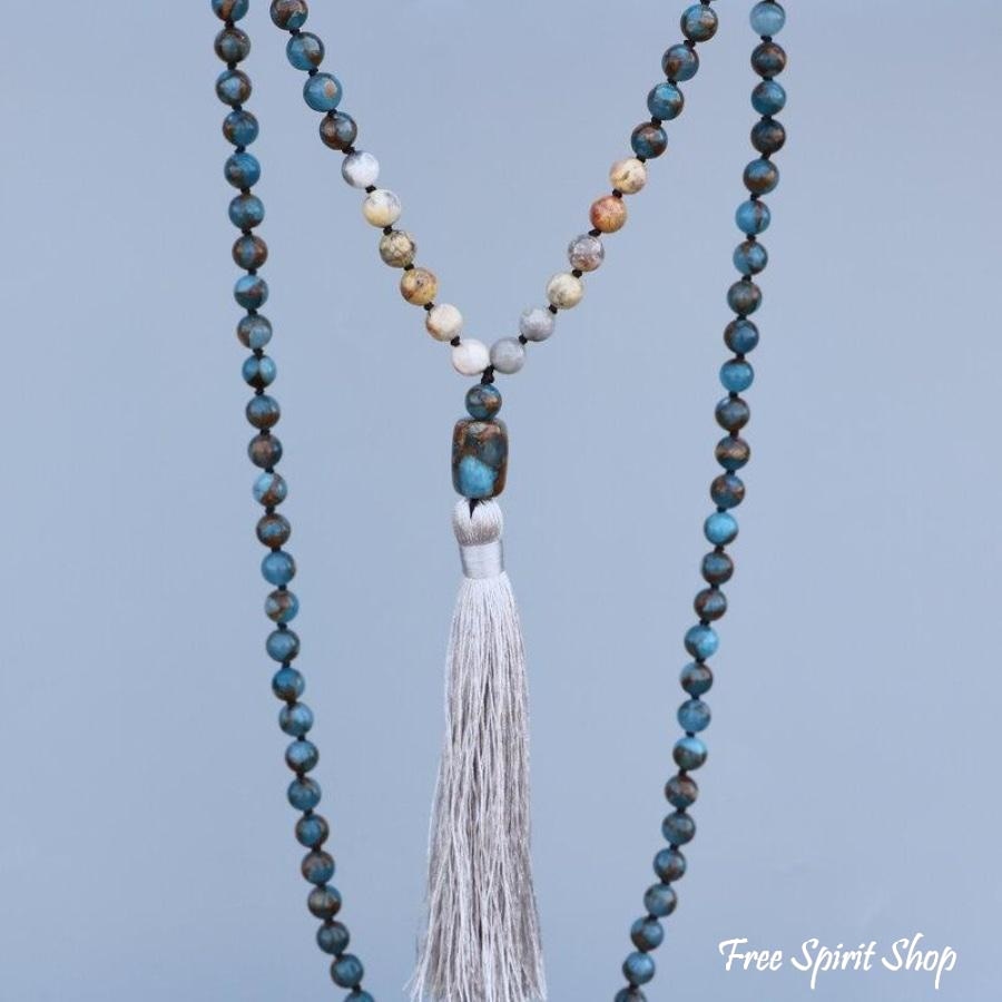 Natural Blue Crazy Onyx Stone Mala Bead Necklace