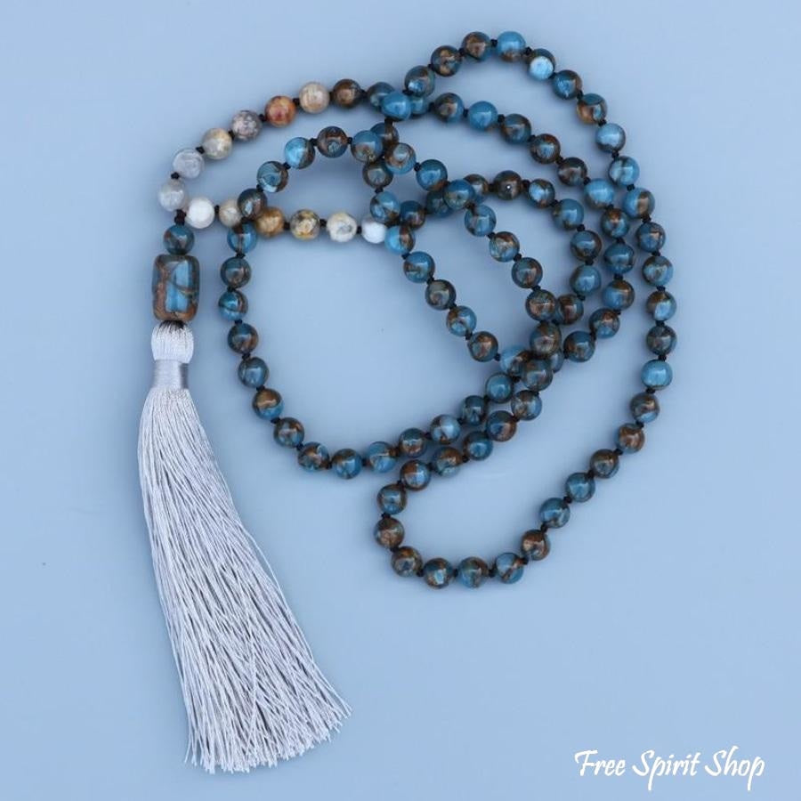 Natural Blue Crazy Onyx Stone Mala Bead Necklace