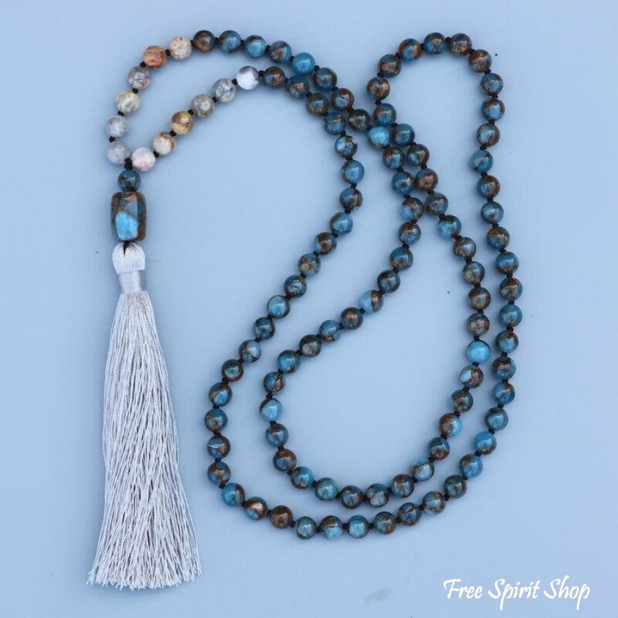 Natural Blue Crazy Onyx Stone Mala Bead Necklace