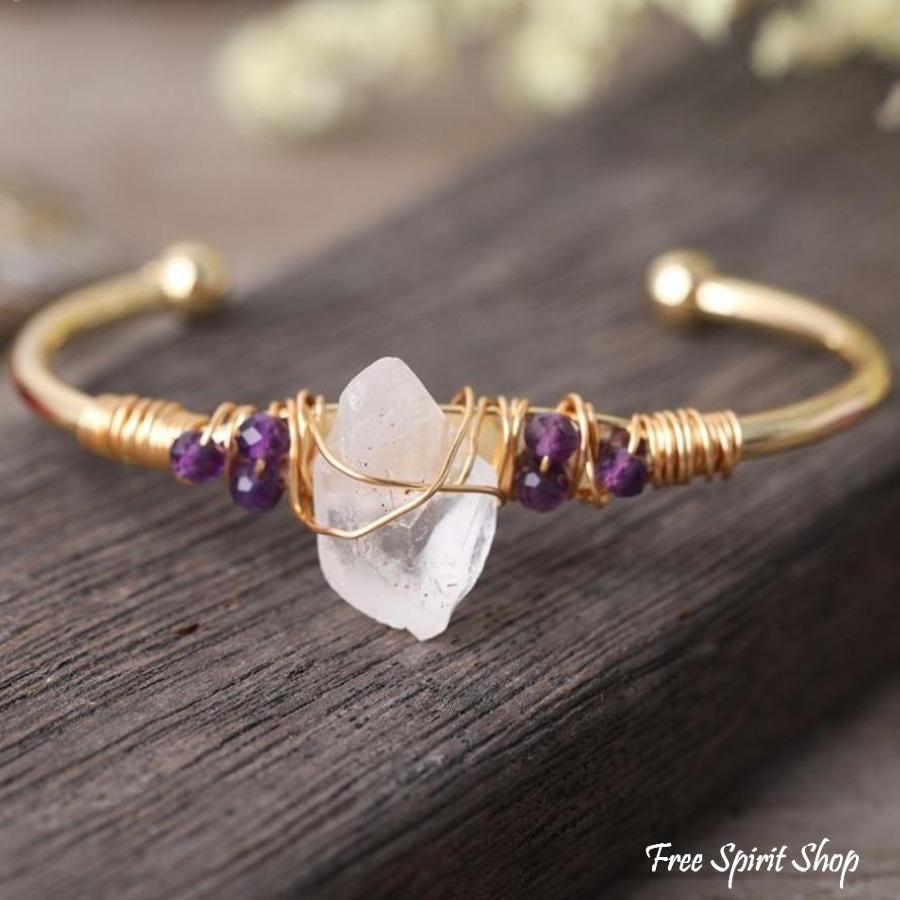 Natural Clear Quartz & Amethyst Cuff Bracelet