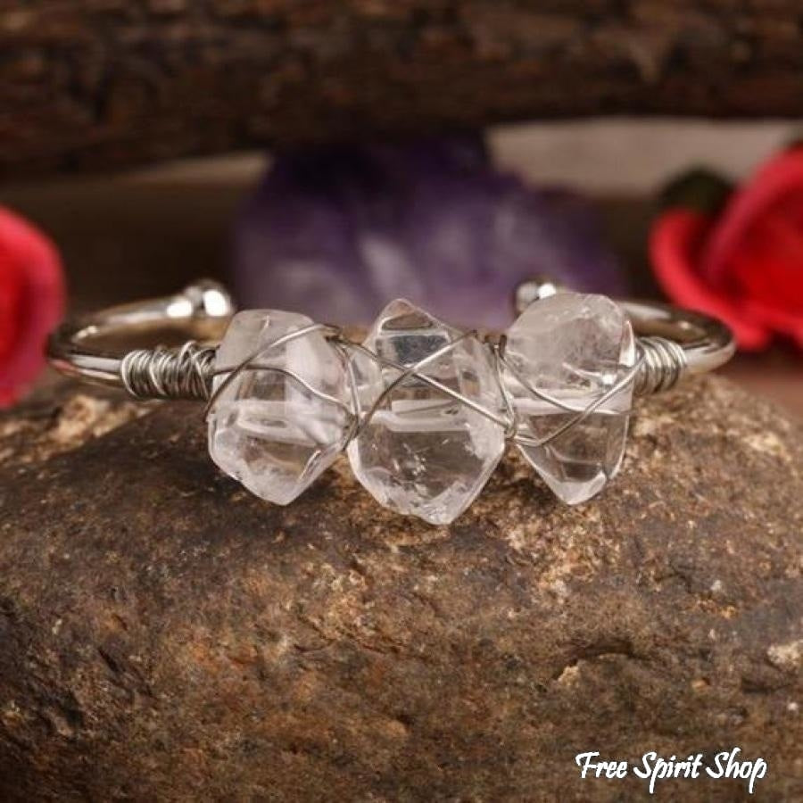 Natural Clear Quartz Crystal Wandpoint Cuff Bracelet