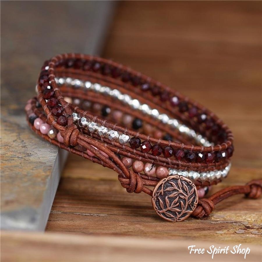 Natural Garnet & Rhodonite Beaded Wrap Bracelet