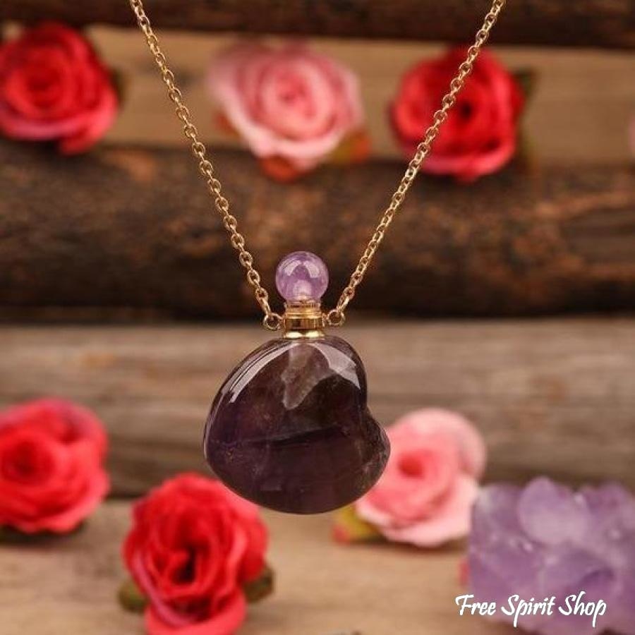 Natural Heart-Shaped Crystal Perfume Bottle Pendant Necklace