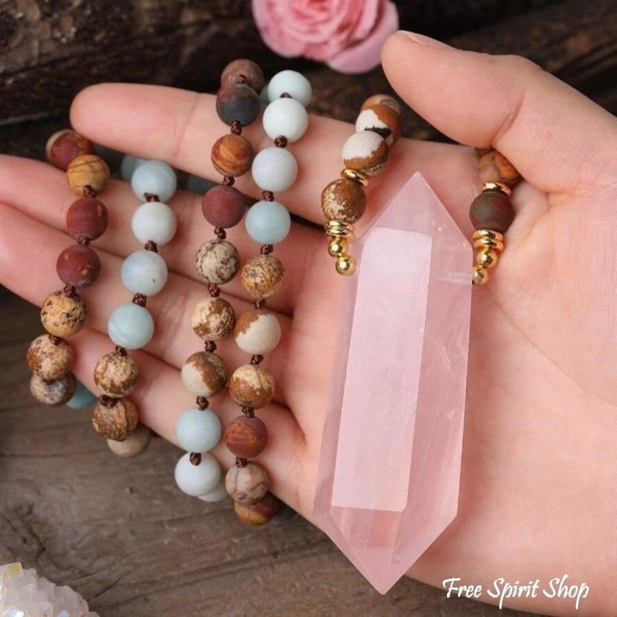 Natural Jasper Amazonite & Rose Quartz Wand-point Beaded Necklace