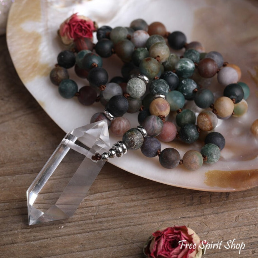 Natural Matte Indian Agate & Clear Quartz Crystal Beaded Necklace
