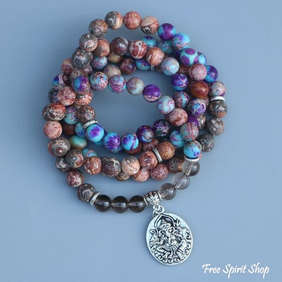 Natural Purple Jasper & Smokey Quartz Ganesha Mala Bead Bracelet