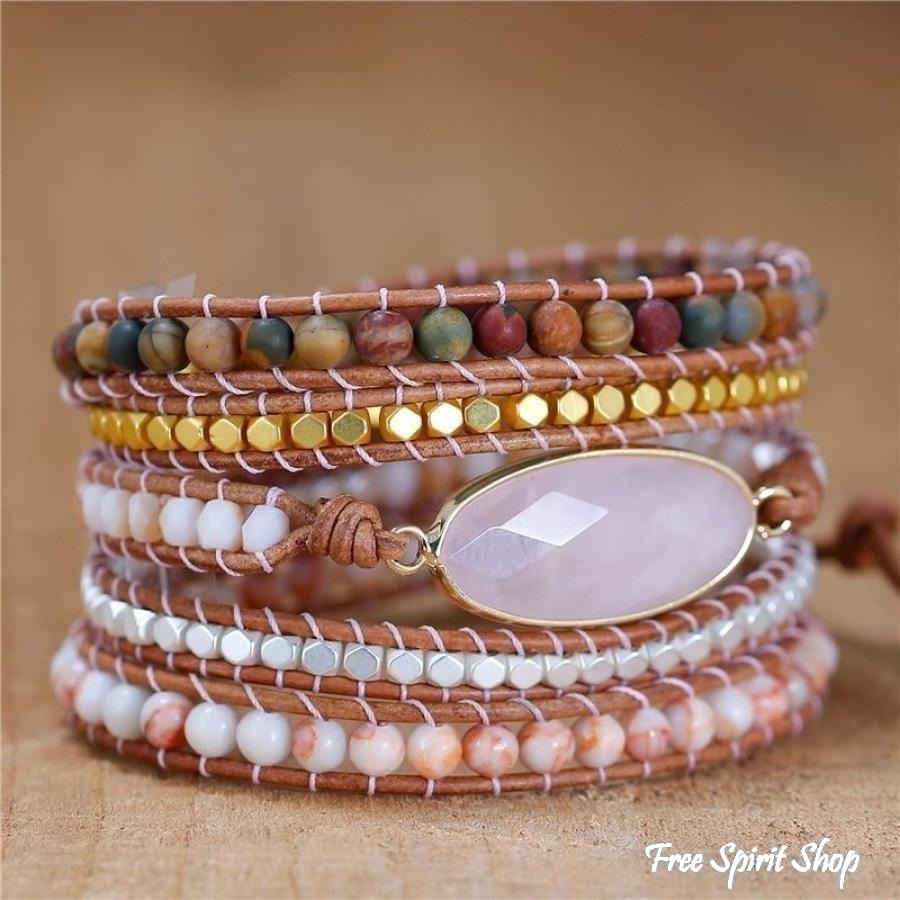 Natural Rose Quartz & Red Jasper Bead Wrap Bracelet