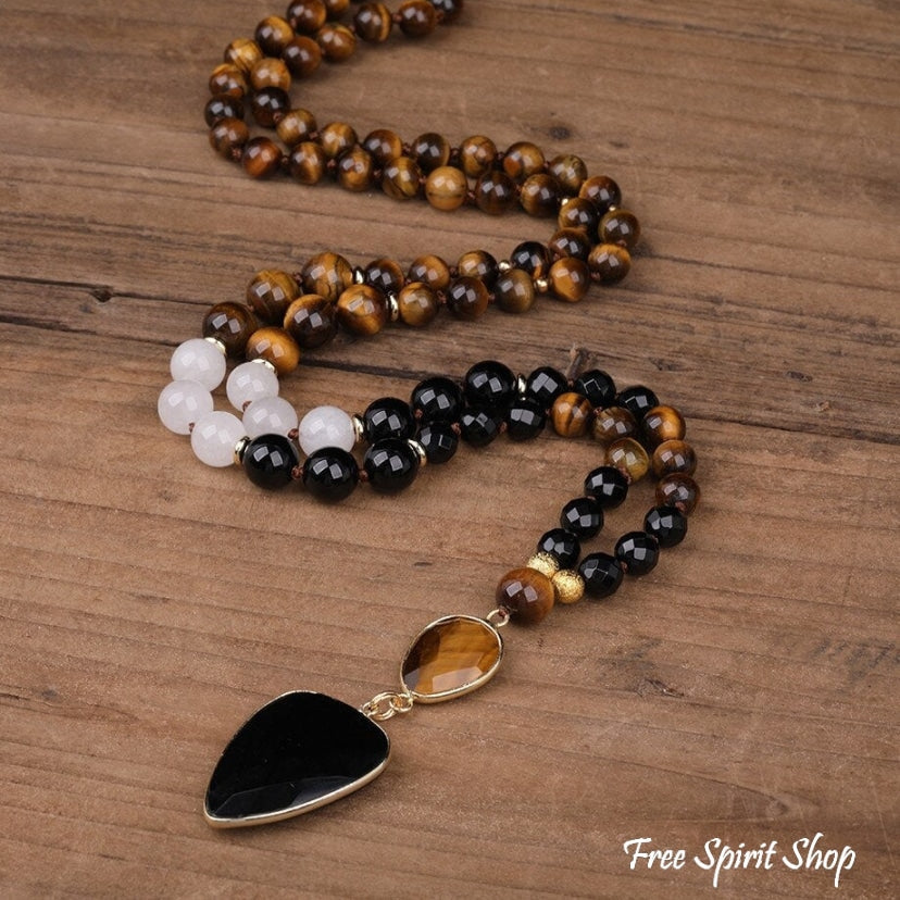 Natural Tiger Eye & Black Onyx Gemstone Bead Necklace