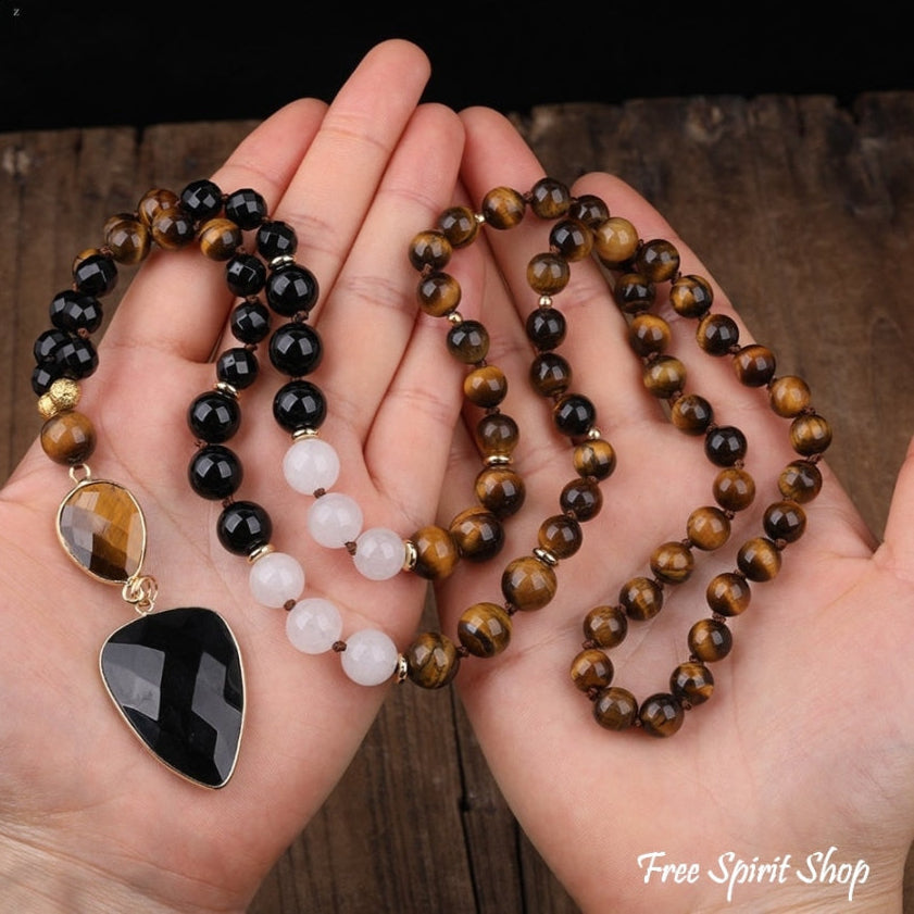 Natural Tiger Eye & Black Onyx Gemstone Bead Necklace