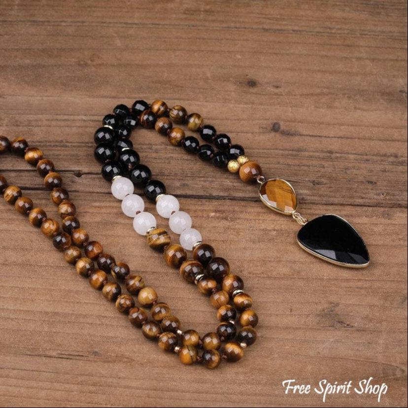 Natural Tiger Eye & Black Onyx Gemstone Bead Necklace