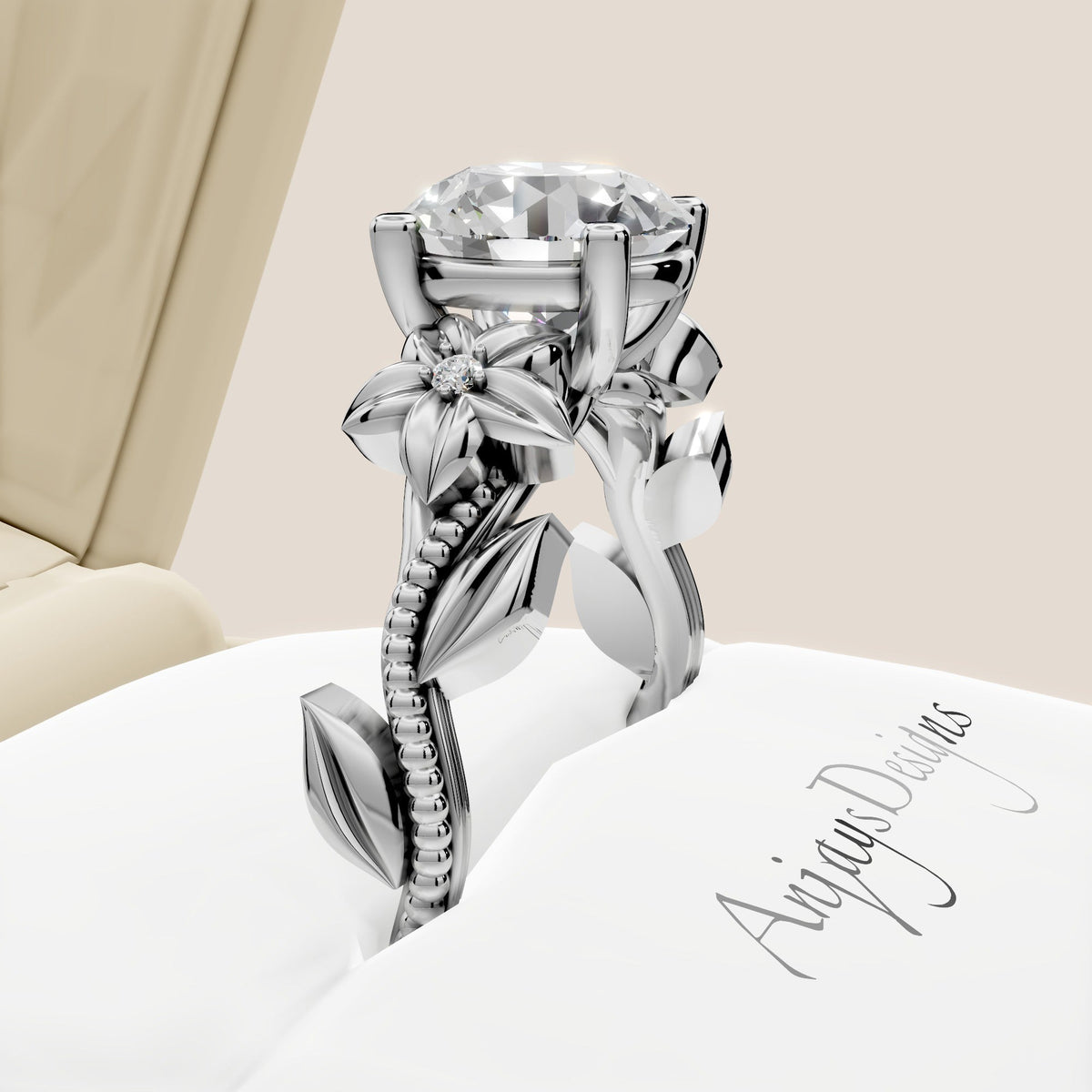 Nature Inspired Diamond Engagement Ring 2 Carat Round Diamond Flower Ring