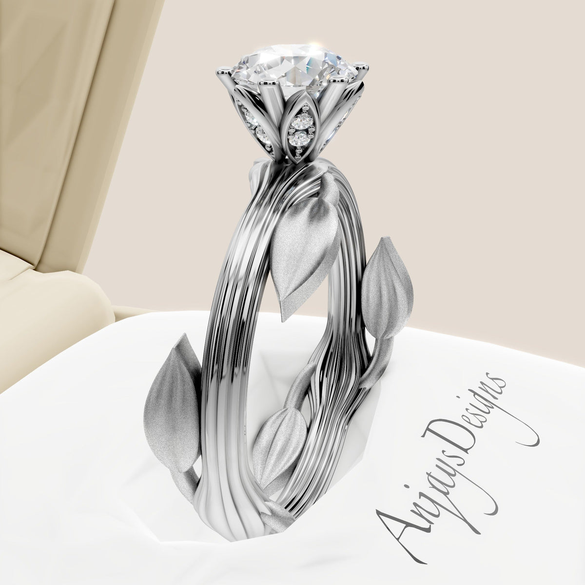 Nature Inspired Dainty Engagement Ring 1 Carat Round Lab Grown Diamond D VS1 IGI Certified