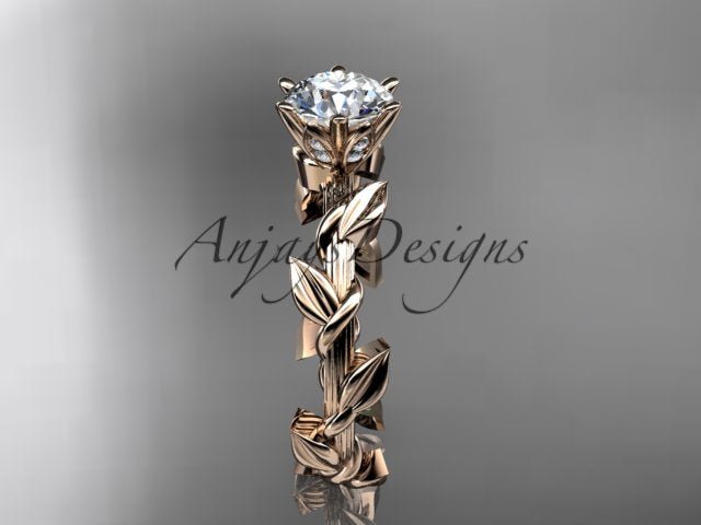 1 Carat Round Lab Grown Diamond Leaf and Vine Engagement Ring Unique Nature Inspired Diamond Ring
